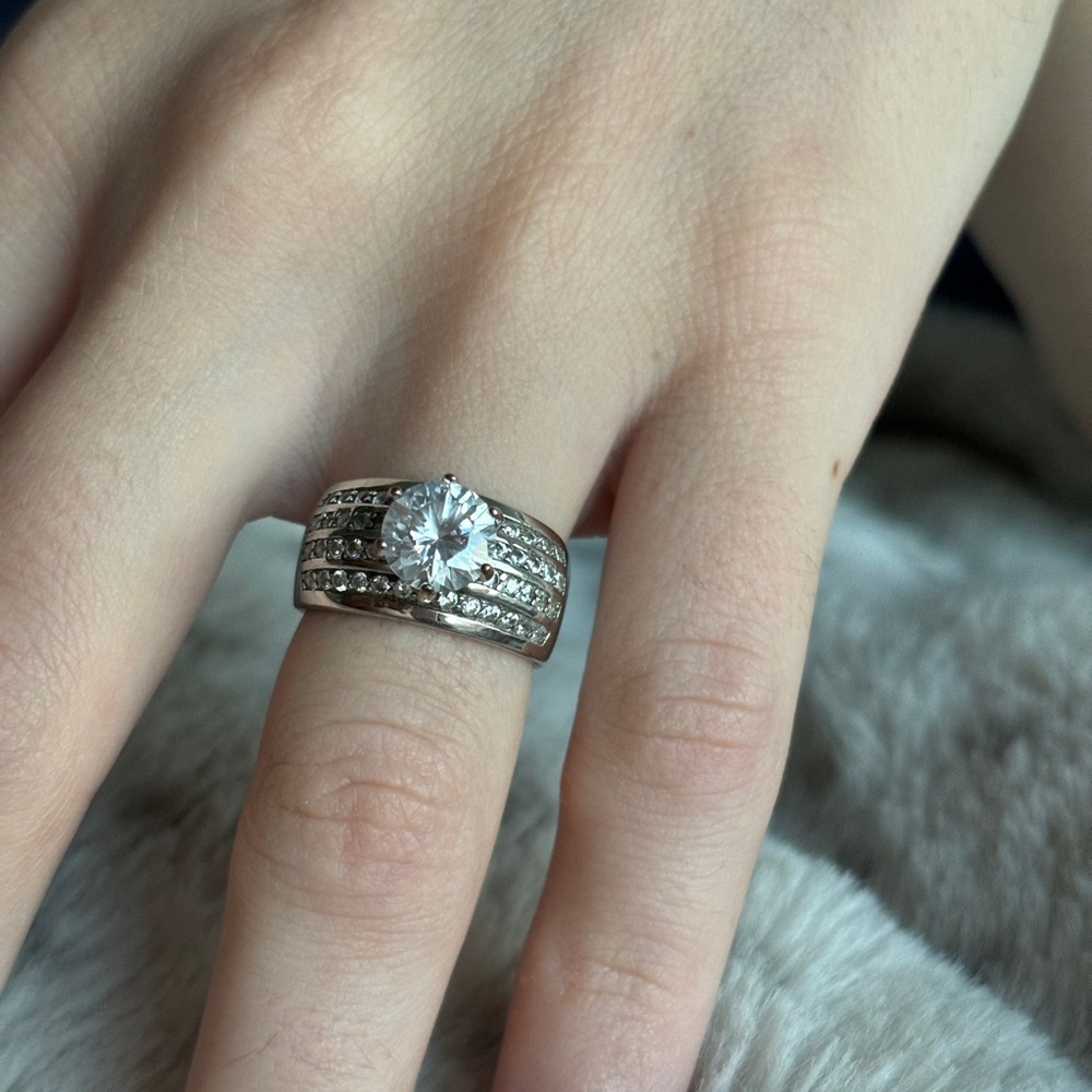 Sterling Silver CZ Ring Wide Dome Band 4 Rows Pave & Large Round Center Stone